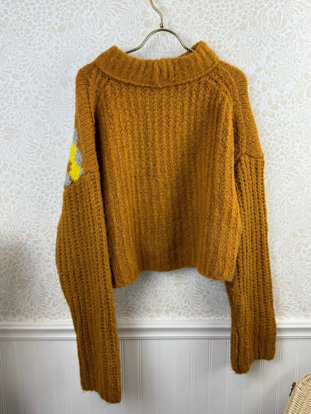 Free People Yellow and Gray Wool Blend Alpine Cropped Sweater - Size - Medium
